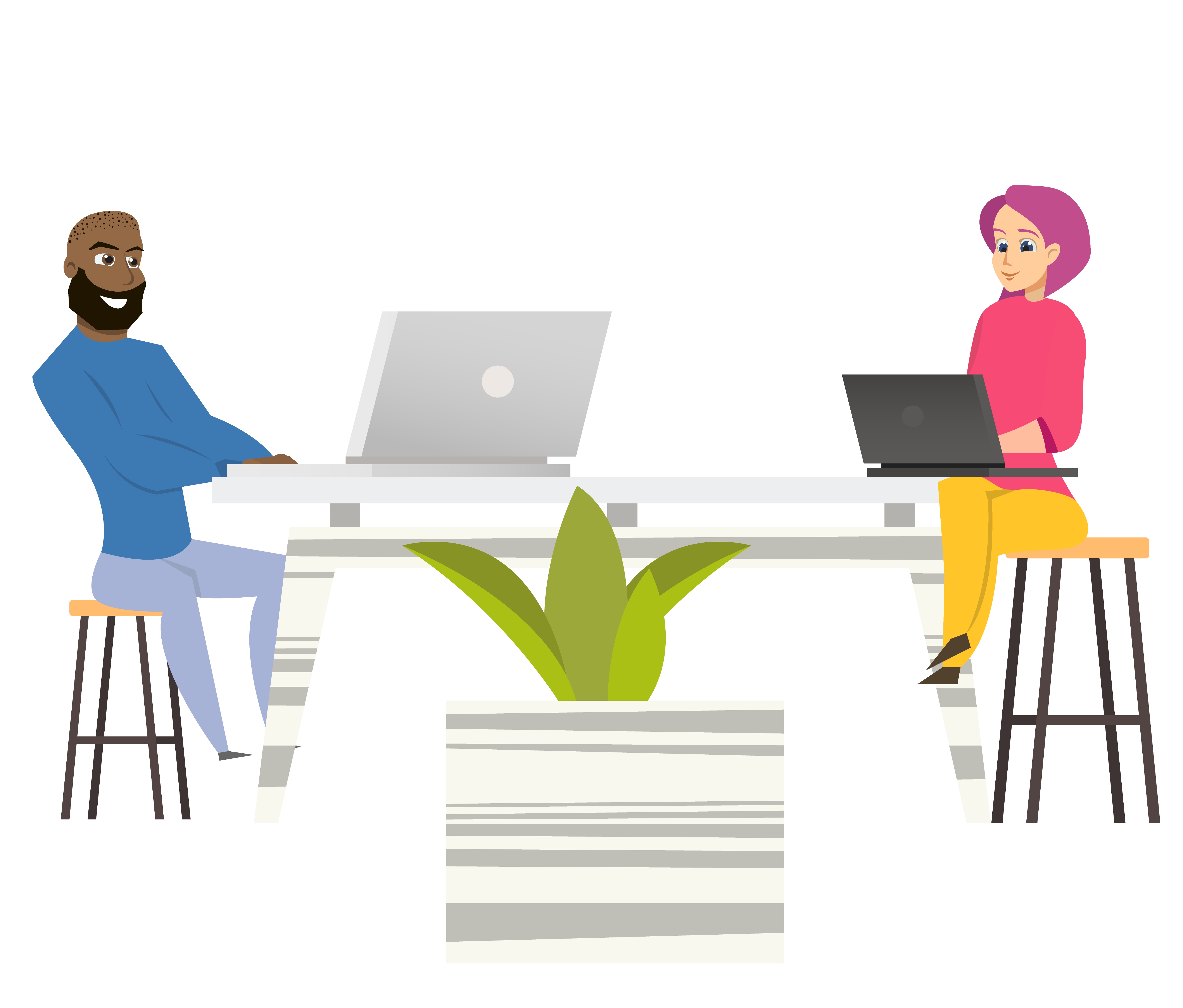Illustration of specialists collaborating around shared computers