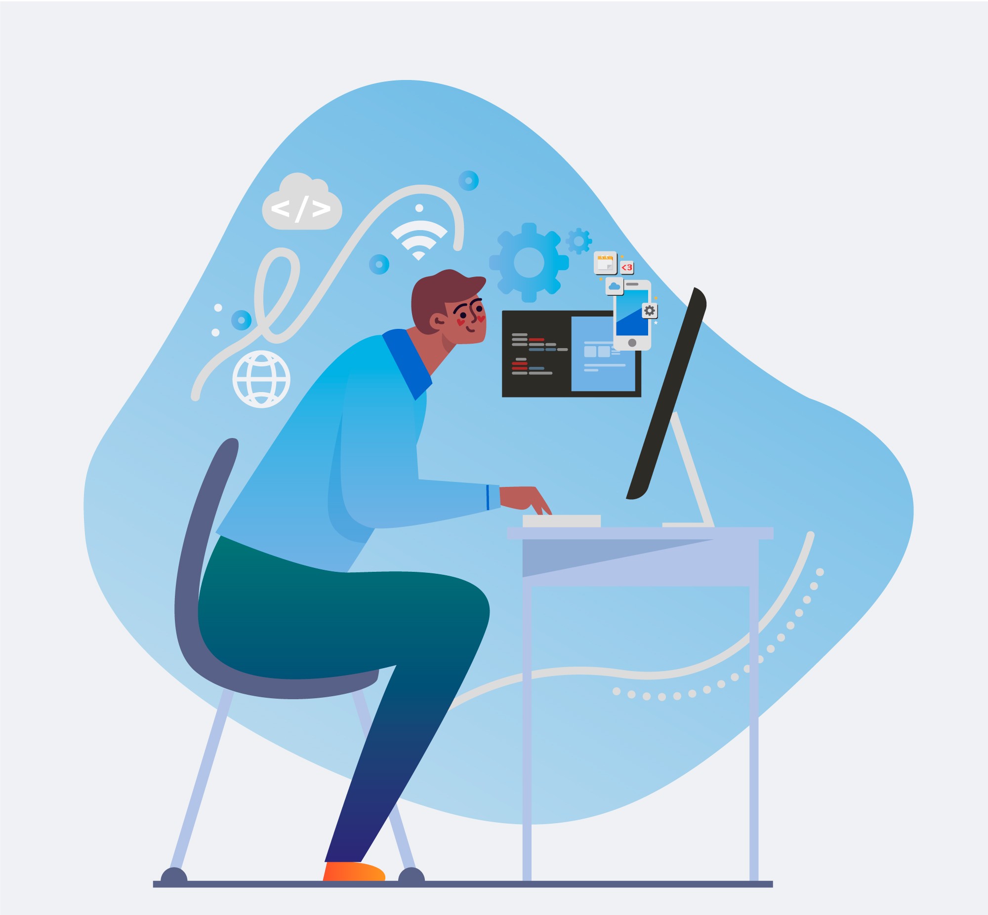 Illustration of an engineer working across connected digital systems