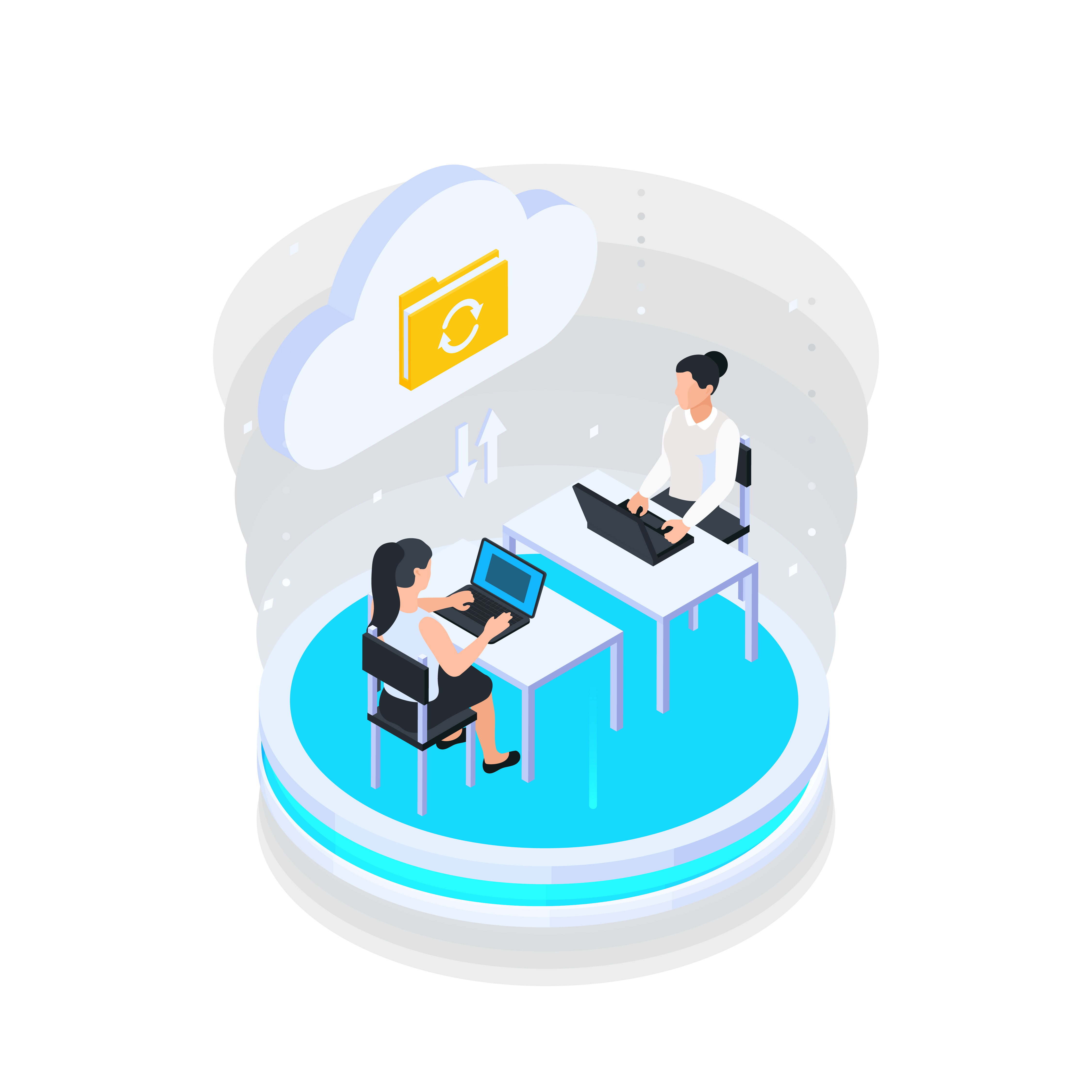 Illustration of two professionals collaborating through cloud services